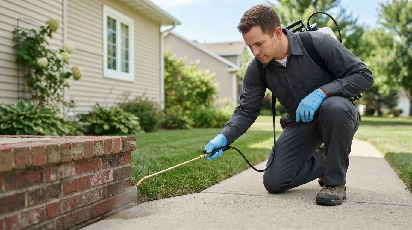 Pest control technician treating a home near Great River, NY