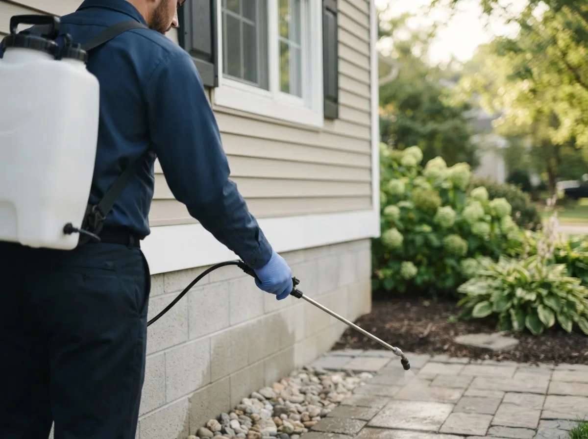 Pest control technician inspecting a home in Great River, NY